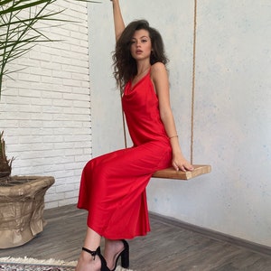 Red silk slip dress, Cowl neck silk dress midi bias, Stretch silk bridesmaid dress image 6