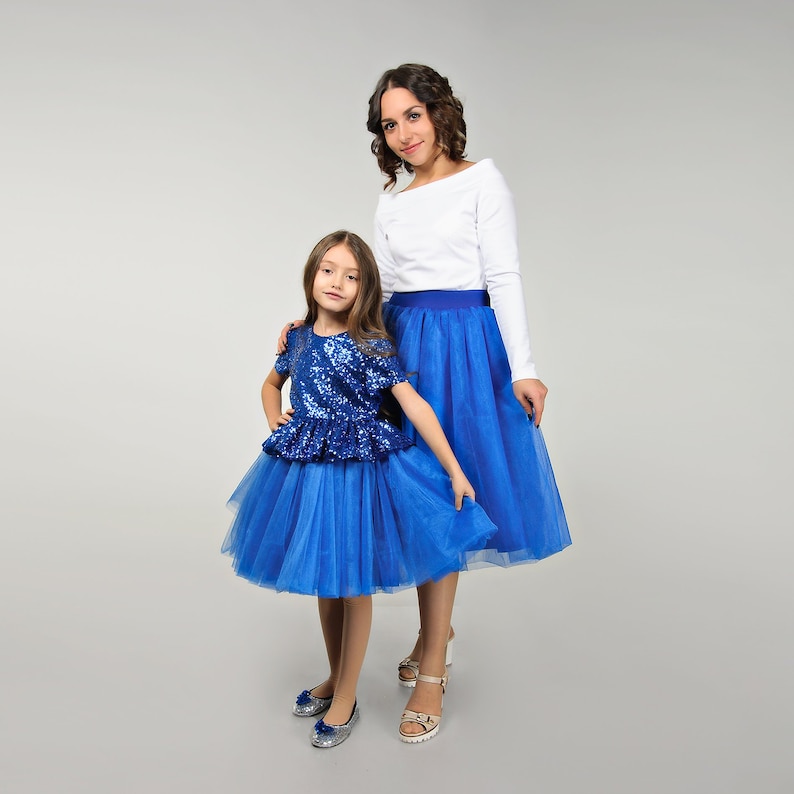 Matching royal blue adult tutu skirts and sequin tulle dress girls Mommy and me outfits