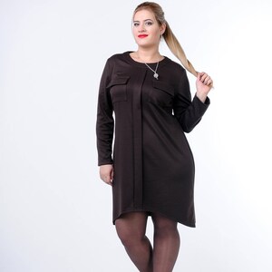 Asymmetric Brown Jersey Casual dress, Elegant Business womens clothing