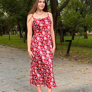 Chic Red Polka Dot Silk Slip Dress for Bridesmaids and Beyond, Elegant Cowl Neck Red Silk Satin Dress perfect for Special Occasions