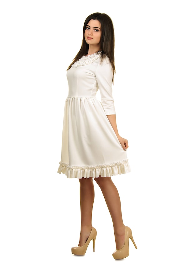 Ivory Retro Dress, Ruffle Hem, Knee Length, Wedding Guest Dress