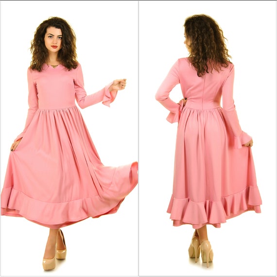 Fit And Flare Dress Long Sleeve Pink Wedding Dress Etsy