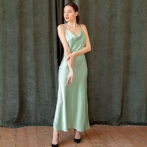Elegant Mint Silk Slip Dress for Bridesmaids and Special Occasions, Luxurious Sage Green Silk Satin Dress with Cowl Neck Detail, Satin Dress