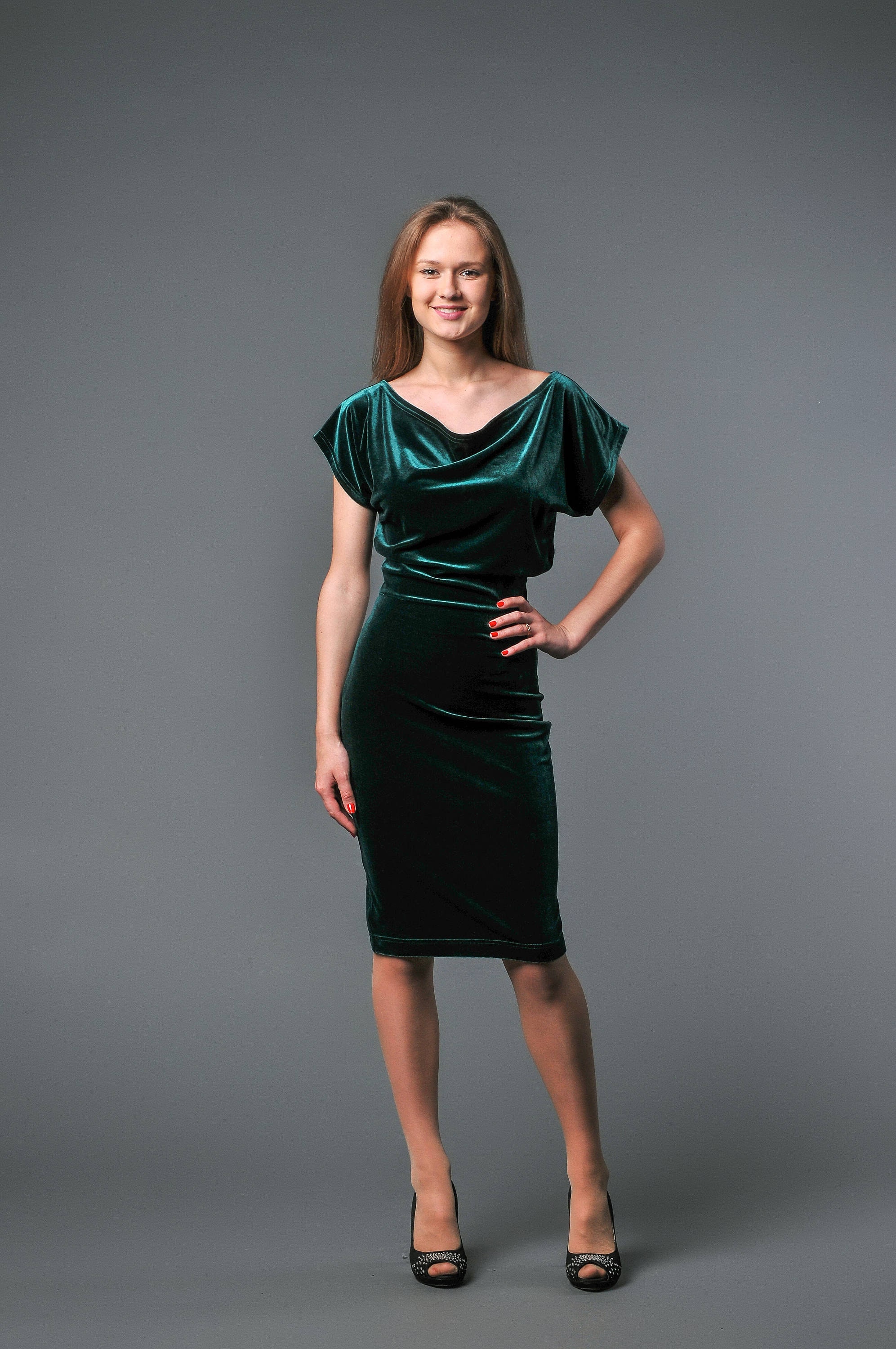 Emerald Velvet Dress Knee Length Draped Neck, Mother Bride Emerald Velvet Dress Knee Length Draped Neck, Mother Bride