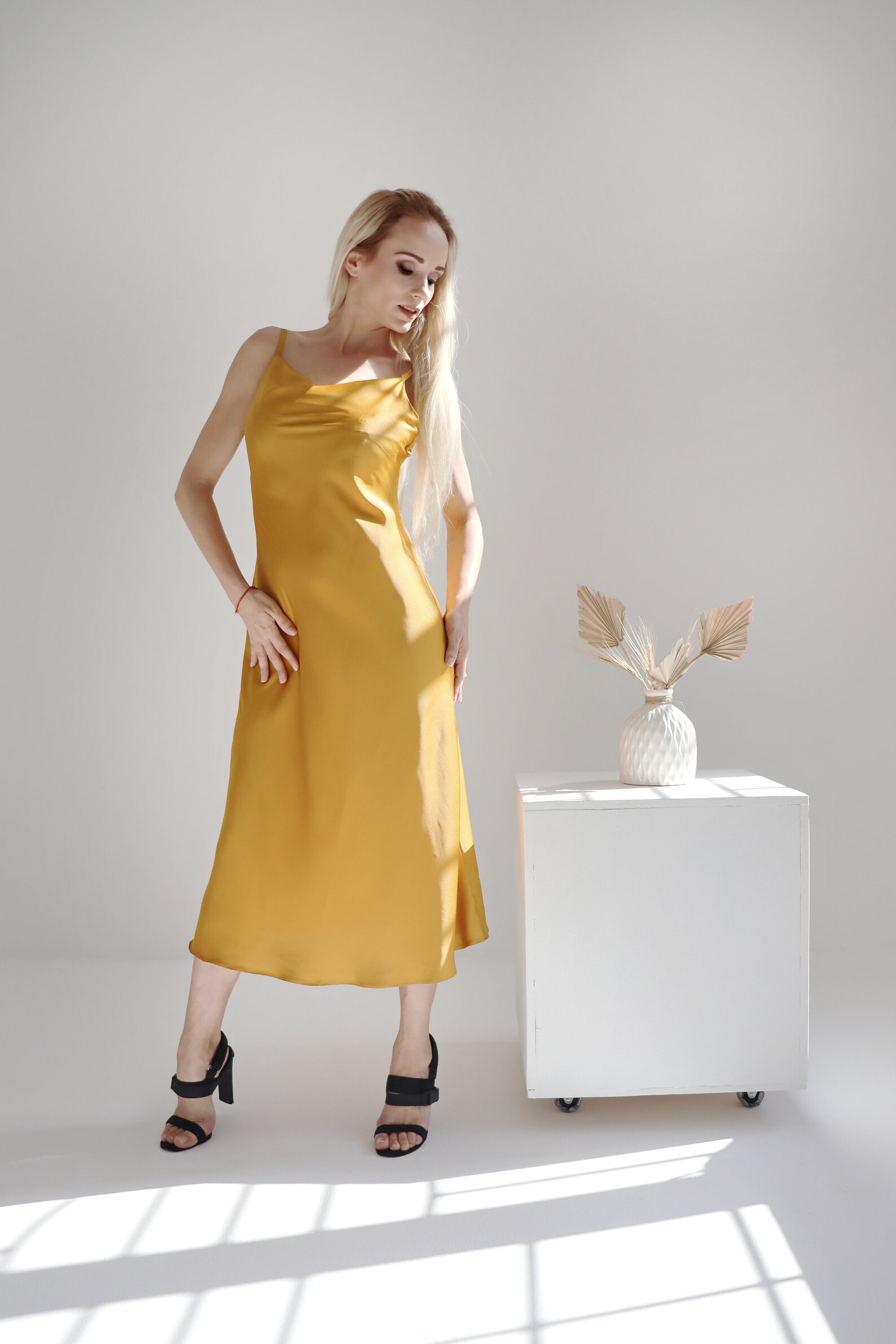 mustard slip dress