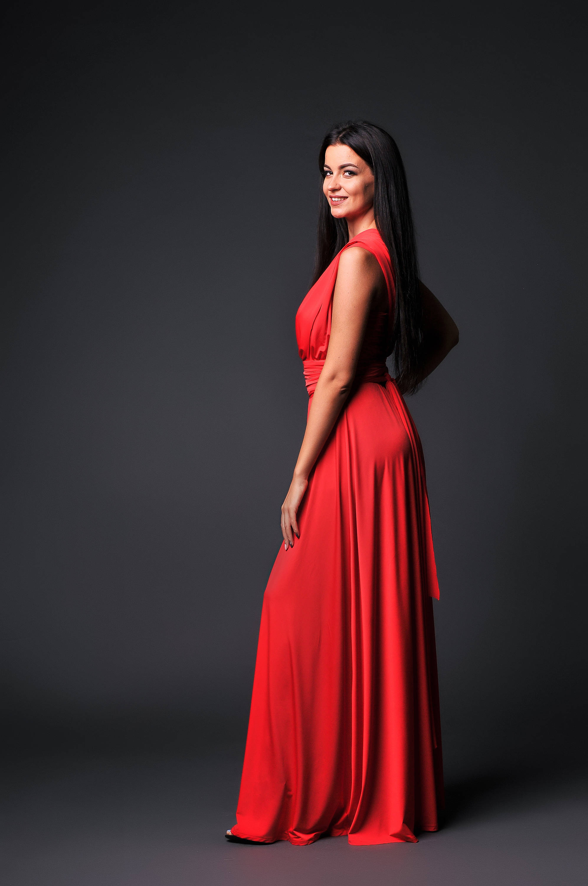 red satin multiway dress S Luxury Ruby Red Satin Convertible Bridesmaid Maxi Dress with Side Slit