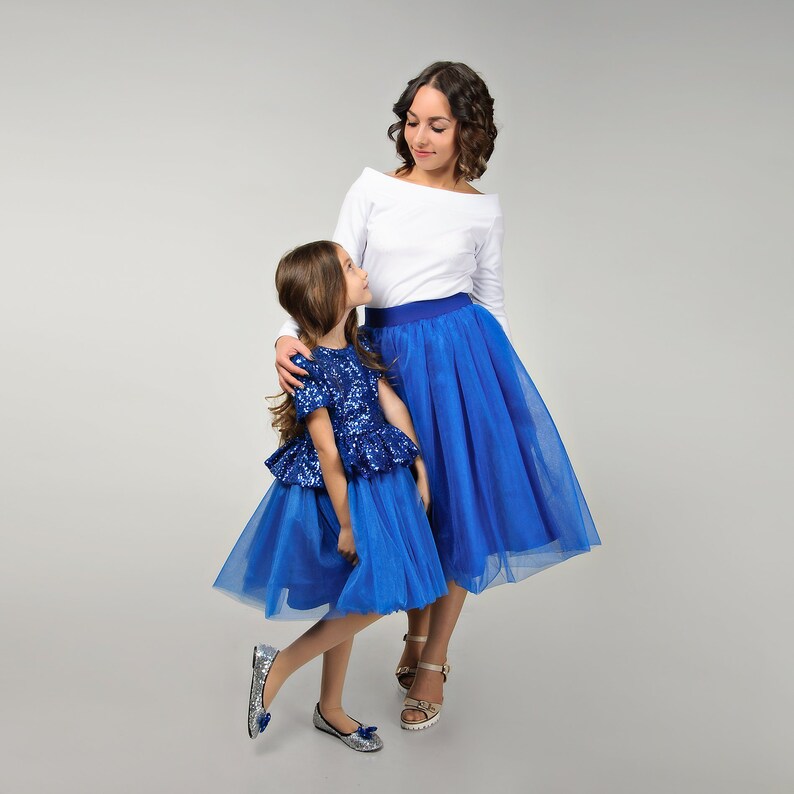 Matching royal blue adult tutu skirts and sequin tulle dress girls Mommy and me outfits