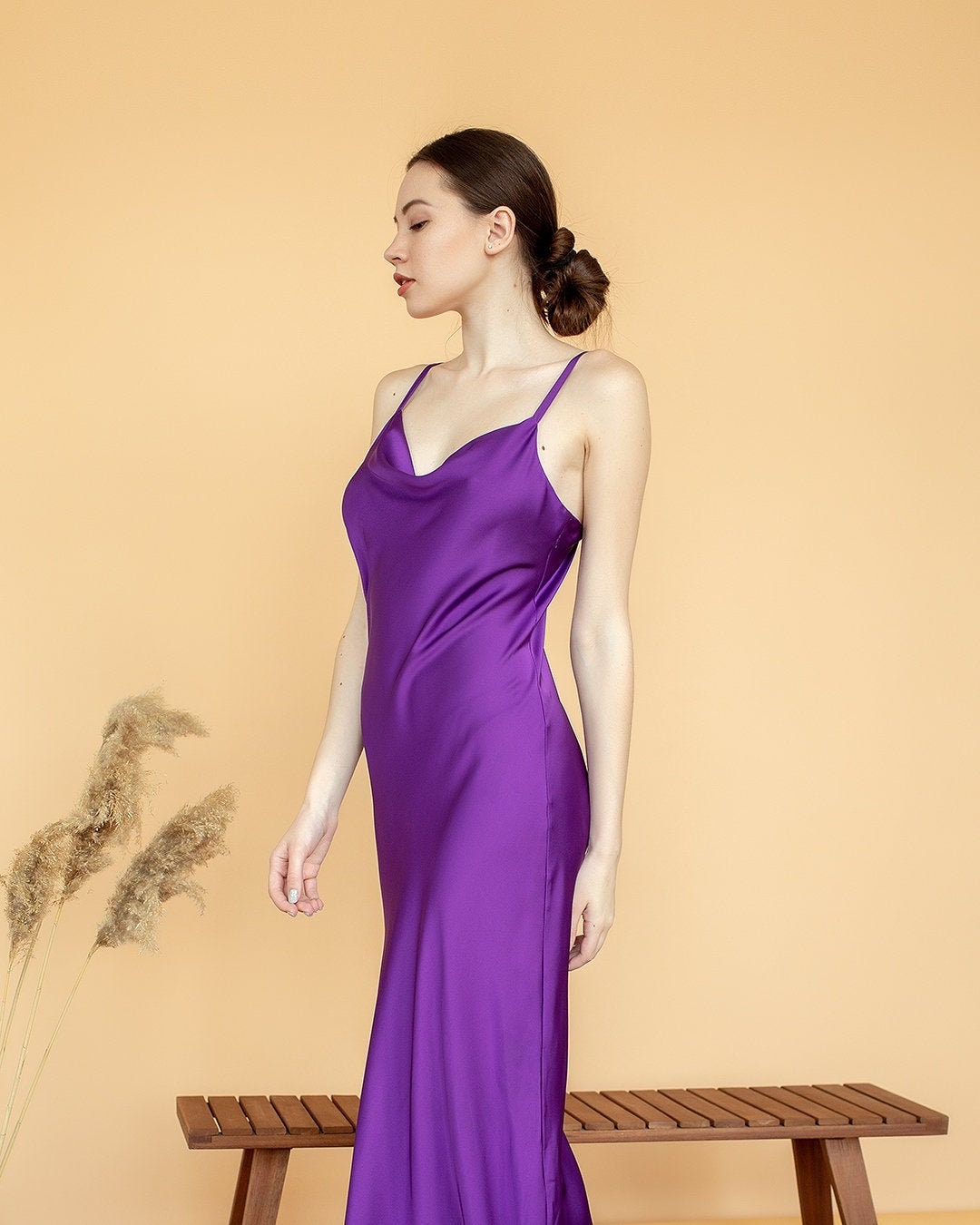 purple maxi slip dress Vintage Purple Satin Side Split Slip Dress - M