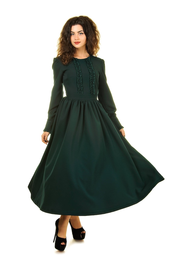 green emerald velvet dress Charming Dark Green Tea Length High Neckline Party Dress, Wedding Party Dress US Size 16W / Green main image 0