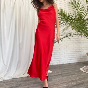 Red silk slip dress, Cowl neck silk dress midi bias, Stretch silk bridesmaid dress image 3