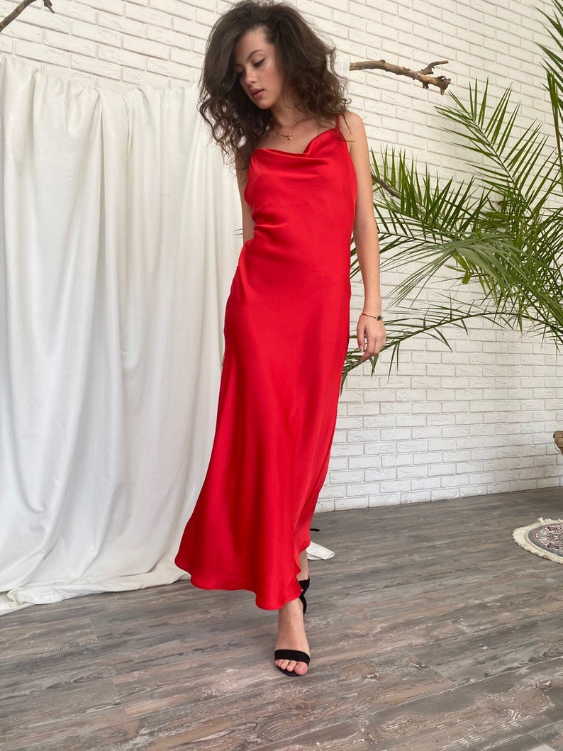 red cowl neck maxi slip dress