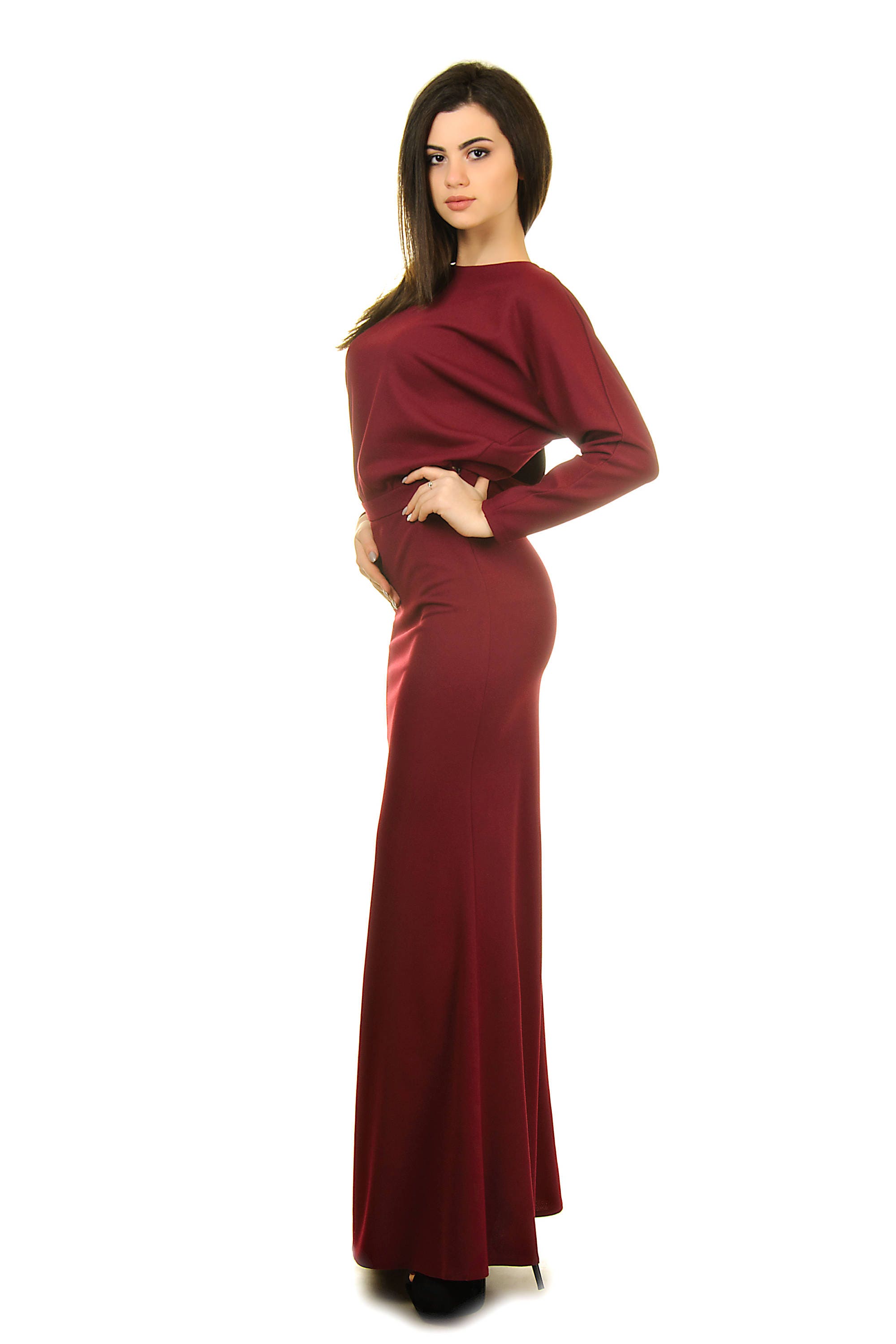 Burgundy long sleeve evening gown Maxi open back dress | Etsy