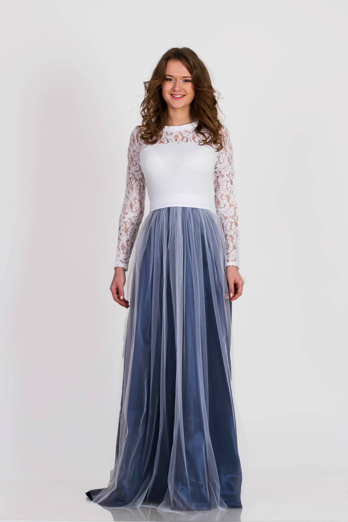 Long Sleeves White Tulle Prom Wedding Dresses, Long Sleeves White Tulle Formal Evening Dresses