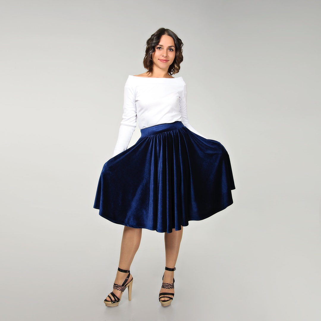 スカート aere high-waist velours skirt 36 Circle Velvet Skirt for Women, Dark Blue Flared Skirt, Navy