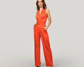 Infinity Jumpsuit, Open Back Jumpsuit, Long Belts Romper, Burnt Orange Overall, High Waisted Romper, Formal Jumpsuit