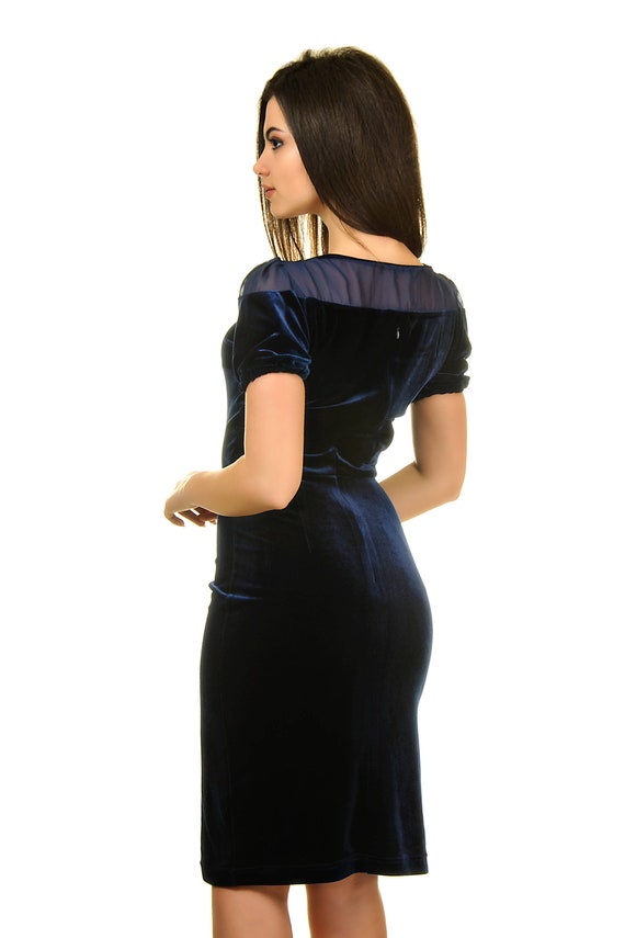 navy velvet bodycon dress Sequin Velvet Bodycon Long Sleeve Evening Dress in Navy | ANGELEYE