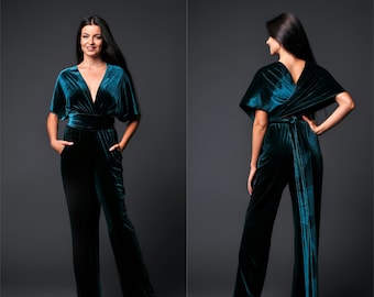 Wedding velvet jumpsuit infinity, wrap bridesmaid jumpsuit, convertible wide leg romper for women