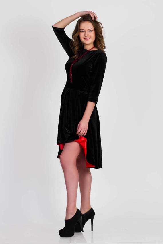 Black Velvet Wedding Guest Asymmetrical Dress with Flared Skirt and Red Lining