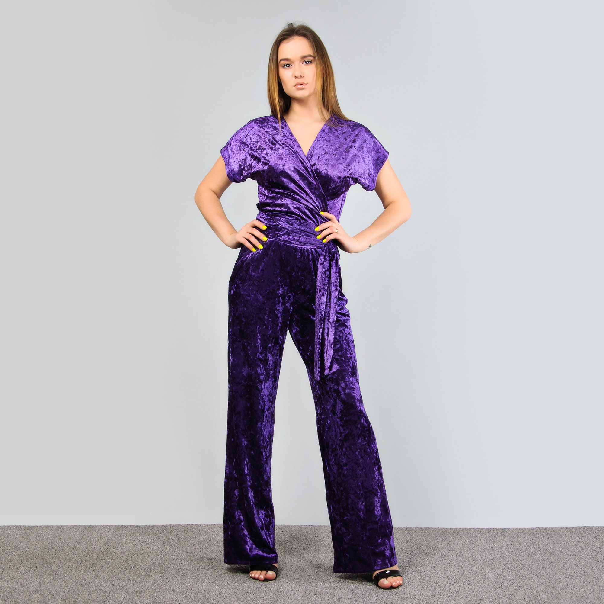 Purple velvet wrap jumpsuit Short sleeve jumpsuit with | Etsy