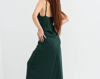 Emerald silk slip dress, Cowl neck silk slip dress, Stretch silk bridesmaid dress, Green silk satin dress
