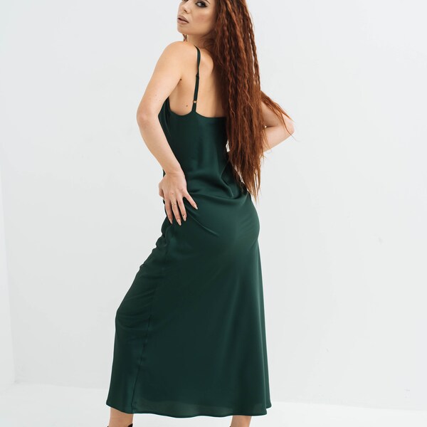 Emerald silk slip dress, Cowl neck silk slip dress, Stretch silk bridesmaid dress, Green silk satin dress