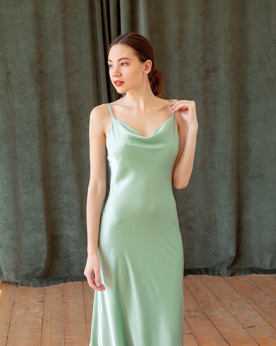 Mint Silk Slip Dress Cowl Neck Silk Slip Dress Stretch Silk - Etsy