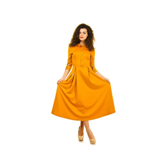 Mustard peter pan collar dress, Tea length dress, Full skirted dress for women Mustard peter pan collar dress, Tea length dress, Full skirted dress for women