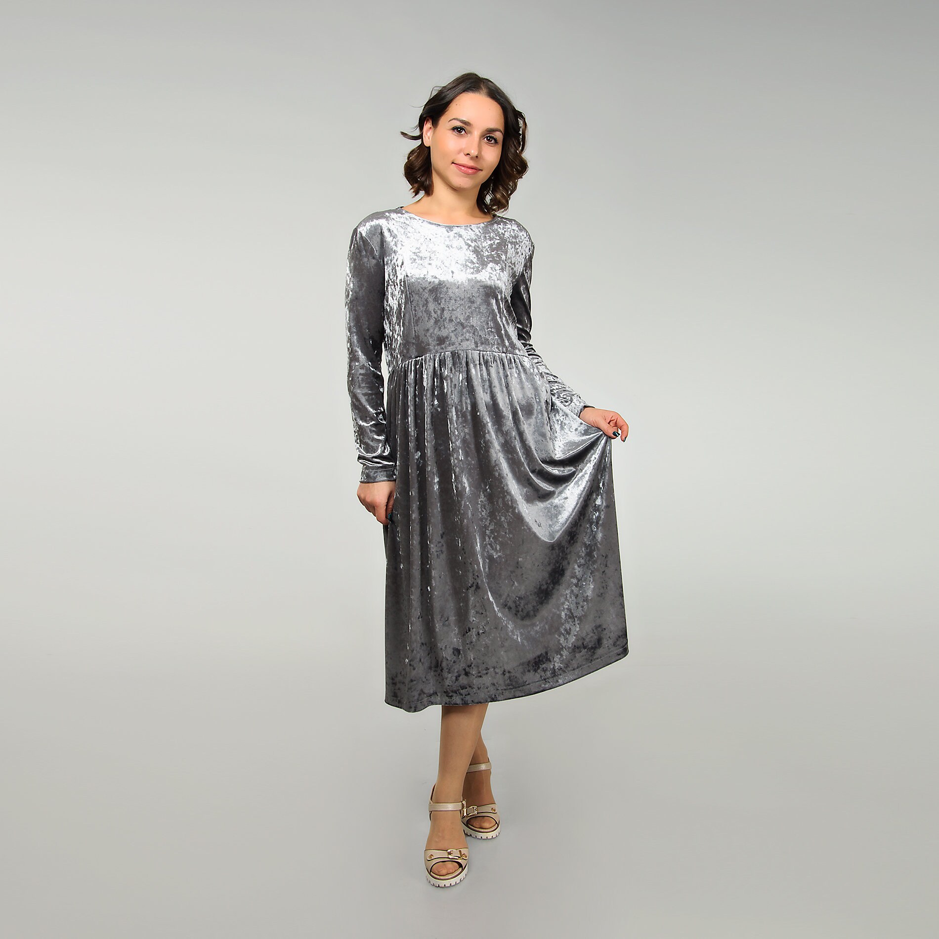 Final Sale Silver Velvet Midi Dress 