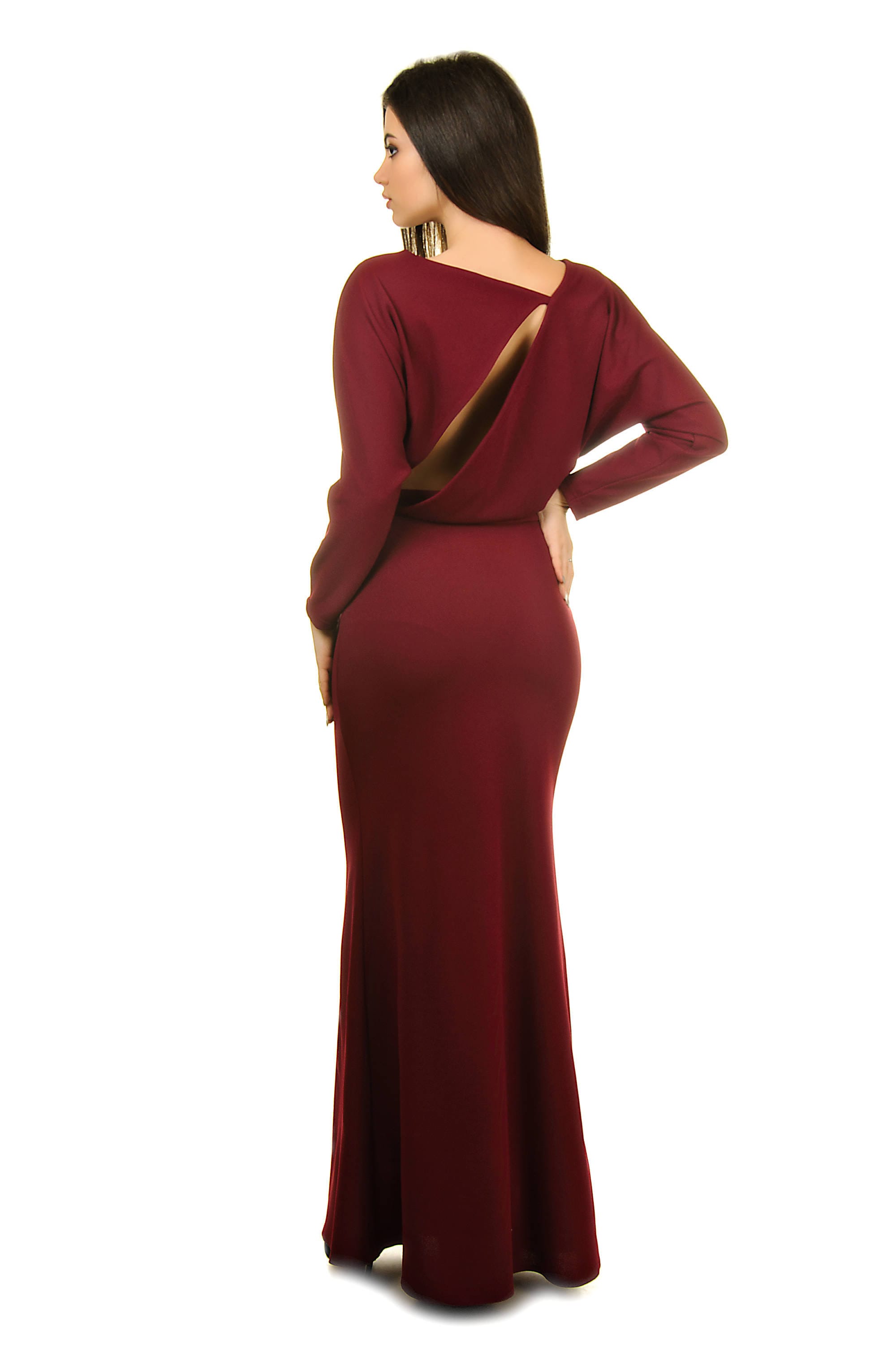 Burgundy long sleeve evening gown Maxi open back dress | Etsy