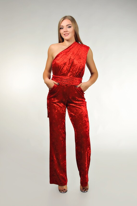 velvet jumpsuit red