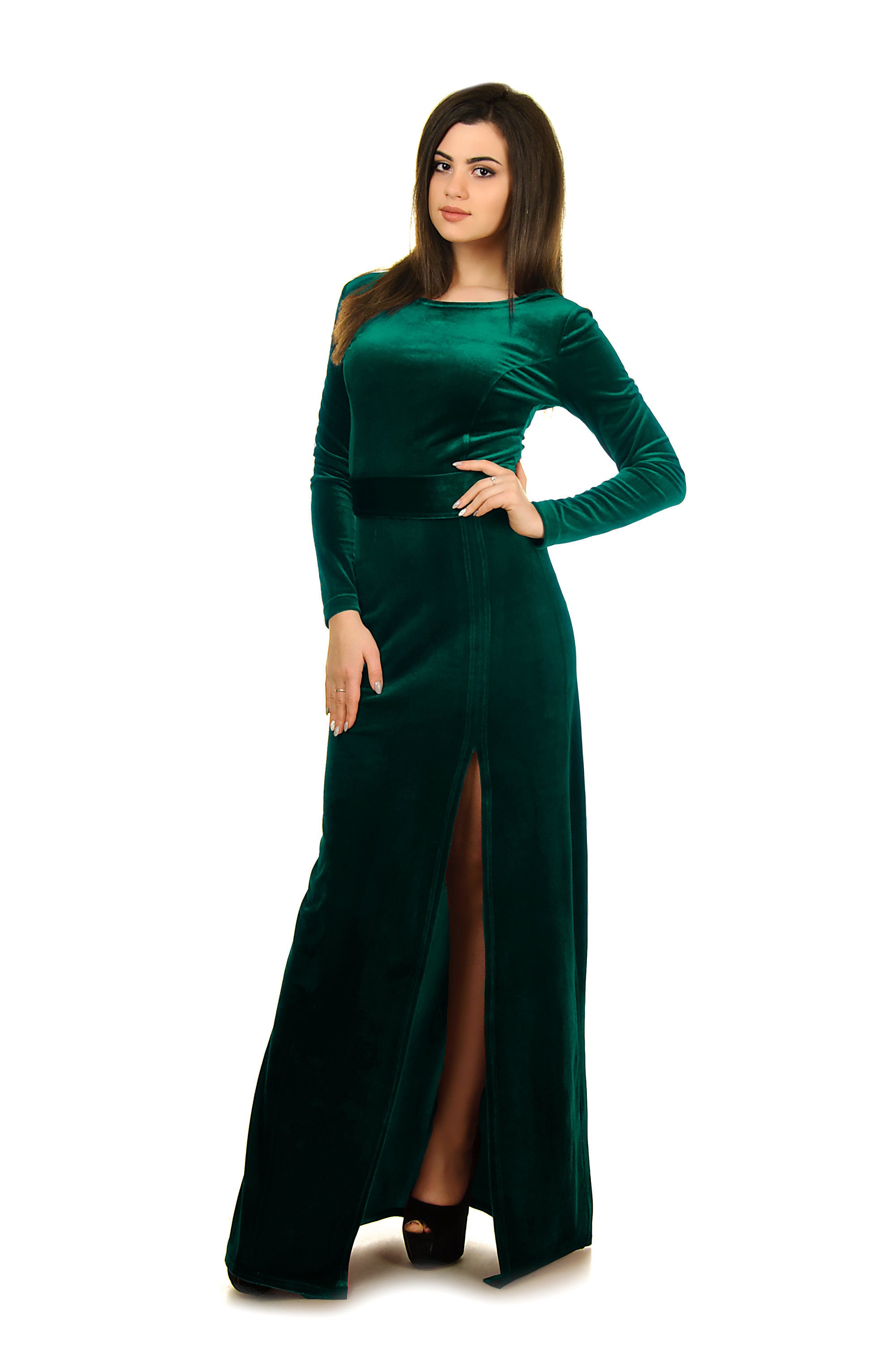 Emerald Green Velvet Dress With a Slit, Wedding Guest Long Sleeve Maxi Dress, Prom Dress for