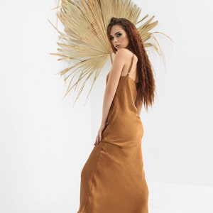 Bronze Silk Slip Dress, Cowl Neck Silk Slip Dress, Stretch Silk