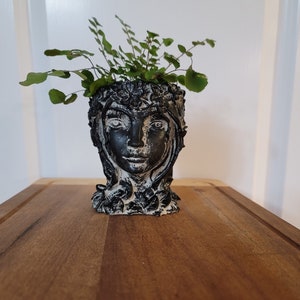 Distressed magical fairy Goddess concrete face pot head planter, Mother Earth Gaia cacti succulent foliage easter gift idea