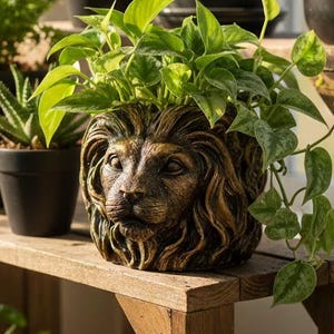 Lion Concrete Planter: Gold-Bronze Mane Succulent Pot