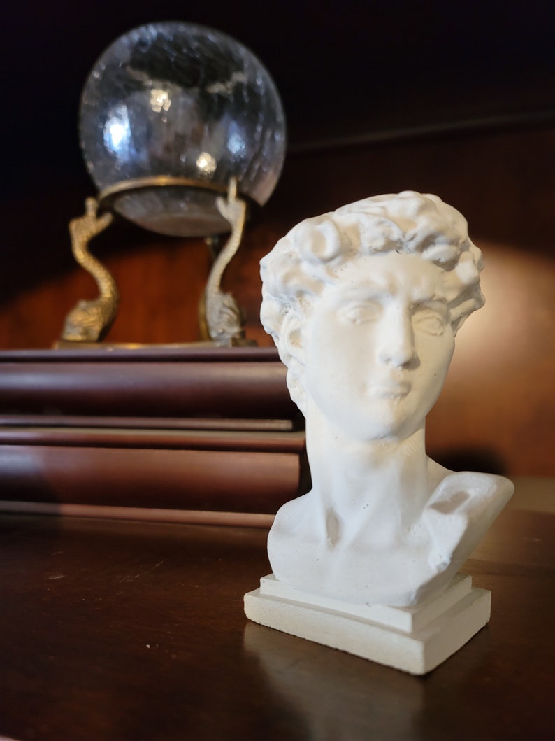 David bust planter on a wooden surface with a glass orb and books, indoor setting.