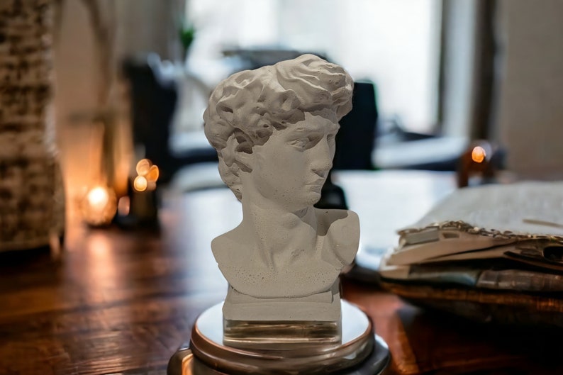 David bust planter on a wooden surface, indoor setting with warm lighting, books, and candles in the background. Mother day gift idea present for abstract face vase.