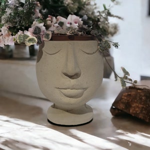 May include: A white ceramic planter shaped like a face with closed eyes and a smiling mouth. The planter is filled with small pink and white flowers and green leaves.