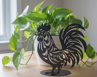 Metal Rooster- Flame Blazed plant candle holder, book end Metal Art Decor