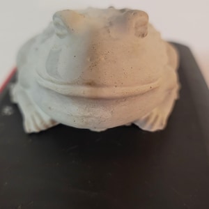 May include: A light gray concrete frog figurine. The frog has a smiling expression and detailed texture. The figurine is a decorative item, suitable for home or garden decor. The frog is sitting on a black surface.