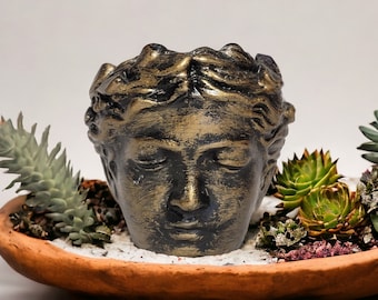 Distressed Lady Helen greek maiden goddess head face planter, cement pot cacti succulent, pencil, makeup holder, medusa easter gift idea