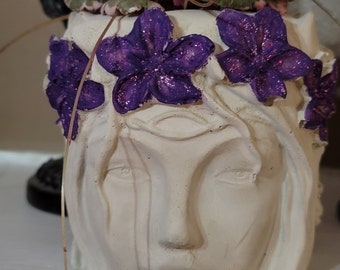 Fairy Maiden Head Planter: Concrete Face Pot with Purple Flowers