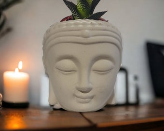 Buddha head planter pot, zen meditation cement, cacti succulent foliage bonsai candle holder holder brush easter gift idea