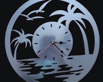 14" Beach Ocean Theme clock Palm Sunset Metal wall art home decor, present gift her 11th anniversary, birthday, den father day