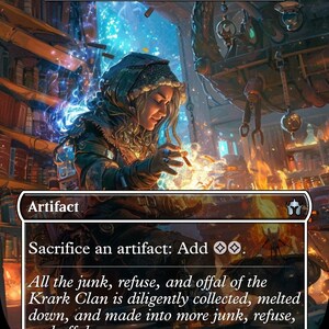 May include: A fantasy art card titled "Krark-Clan Ironworks" featuring a person in a hooded cloak working with glowing energy. The card text reads "Artifact" and describes sacrificing an artifact to add mana. The art style is detailed and colorful.