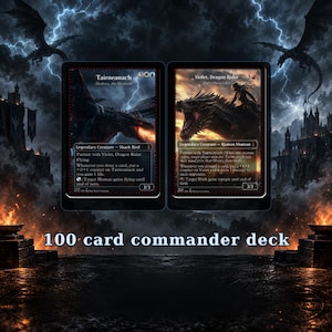 May include: A 100 card commander deck featuring two Magic: The Gathering cards, Tairneanach and Violet, Dragon Rider. The cards display dark fantasy artwork of dragons and riders against a stormy, castle-filled background with lightning strikes.