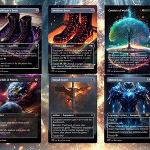 Könnte beinhalten: Sechs Magic: The Gathering Karten mit Fantasy-Kunst. Die Karten zeigen Stiefel, ein Schwert, eine Rüstung und einen Baum. Text auf den Karten beschreibt ihre Fähigkeiten und Effekte. Die Karten sind vor einem bewölkten Hintergrund.