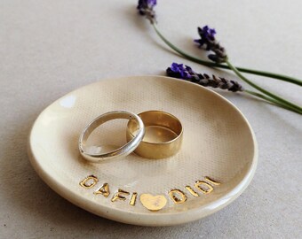 Personalized Ring dish, Wedding Ring Holder, Custom Engagement gift, Wedding Gift, Gift for Couple, Bridal Shower Gift, White Gold Pottery