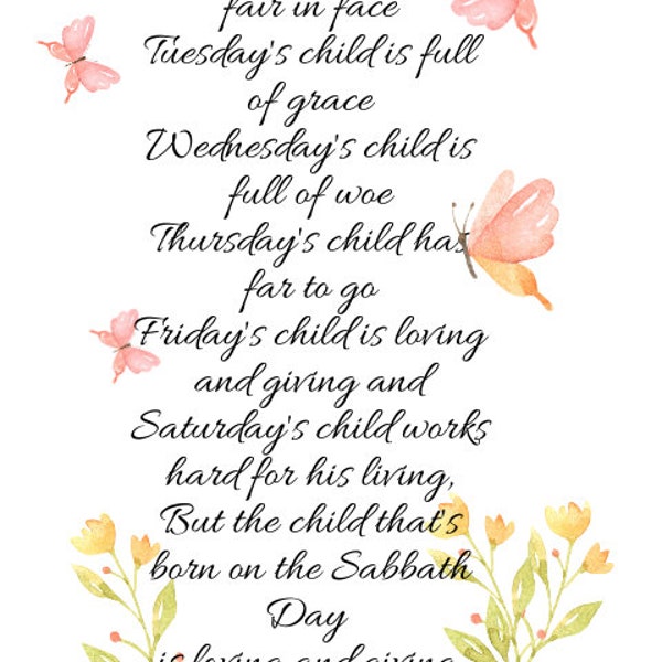 Sunday's child poem, mondays child Tuesdays child