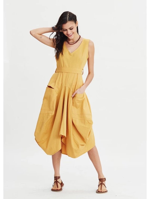 Long Boho Yellow Dress / Dress With Pockets / Asymmetric | Etsy
