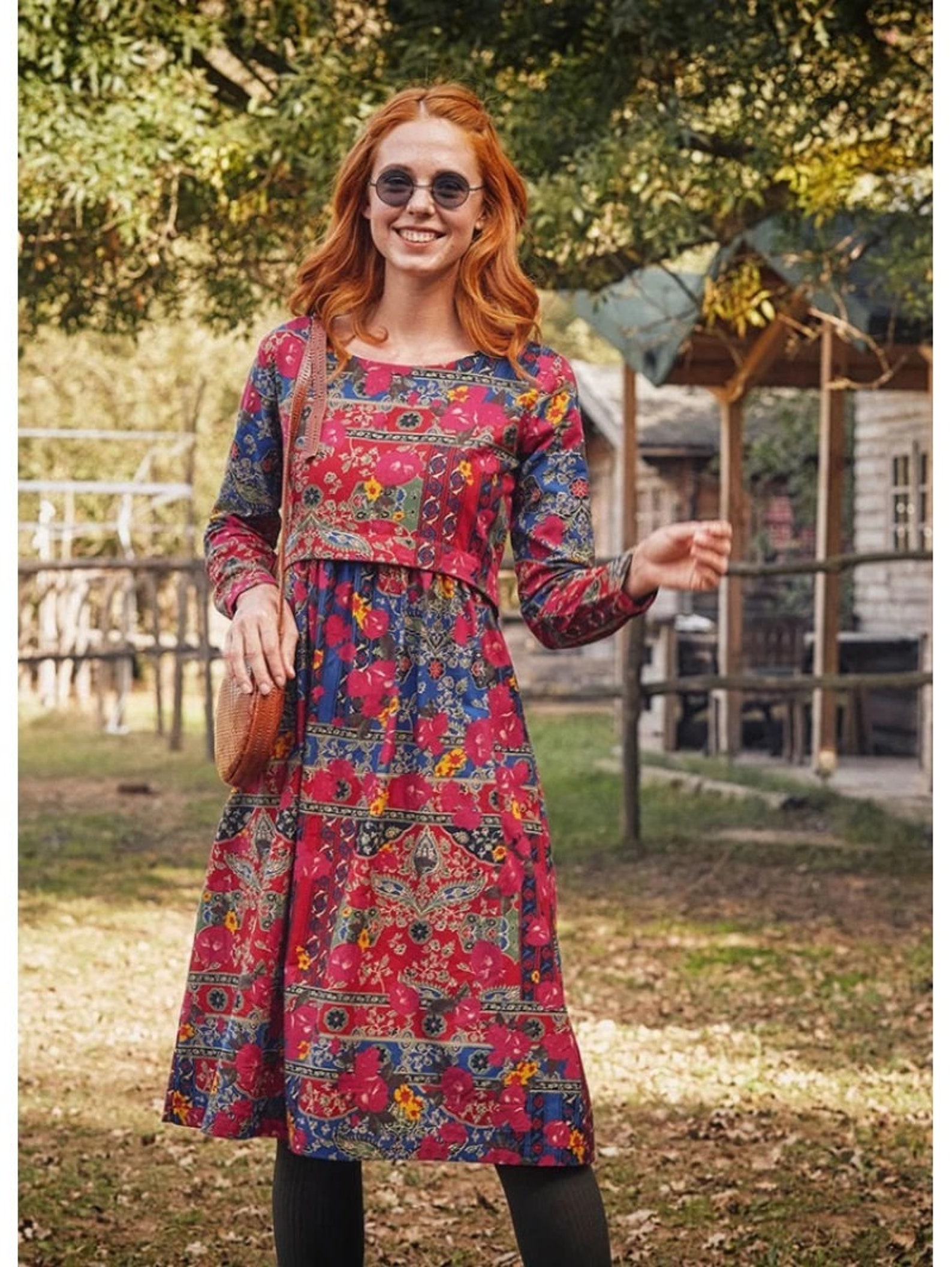 Long Sleeve Winter Cotton Dress/ Bohemian Autumn Midi Dress/ Etsy